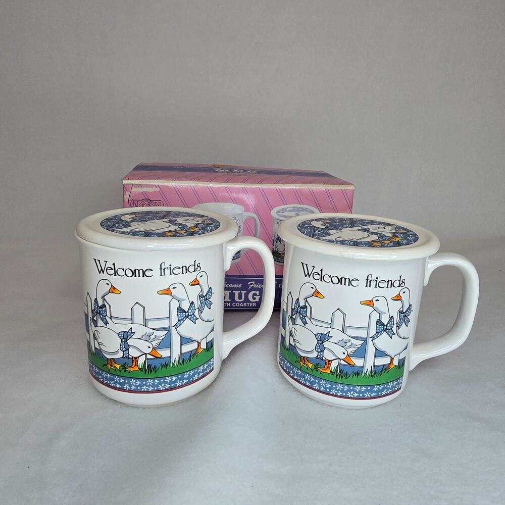 Vtg NOS Emson Welcome Friends Goose Mugs Coaster Lids Set of 2 Original Box